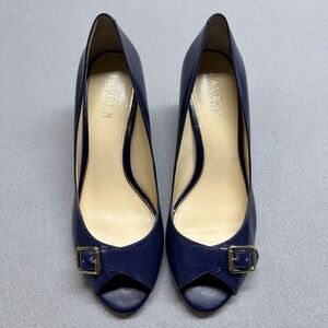 Lauren Ralph Lauren Blue Leather Peep Toe Pumps Heels Shoes Buckles Size 9.5B